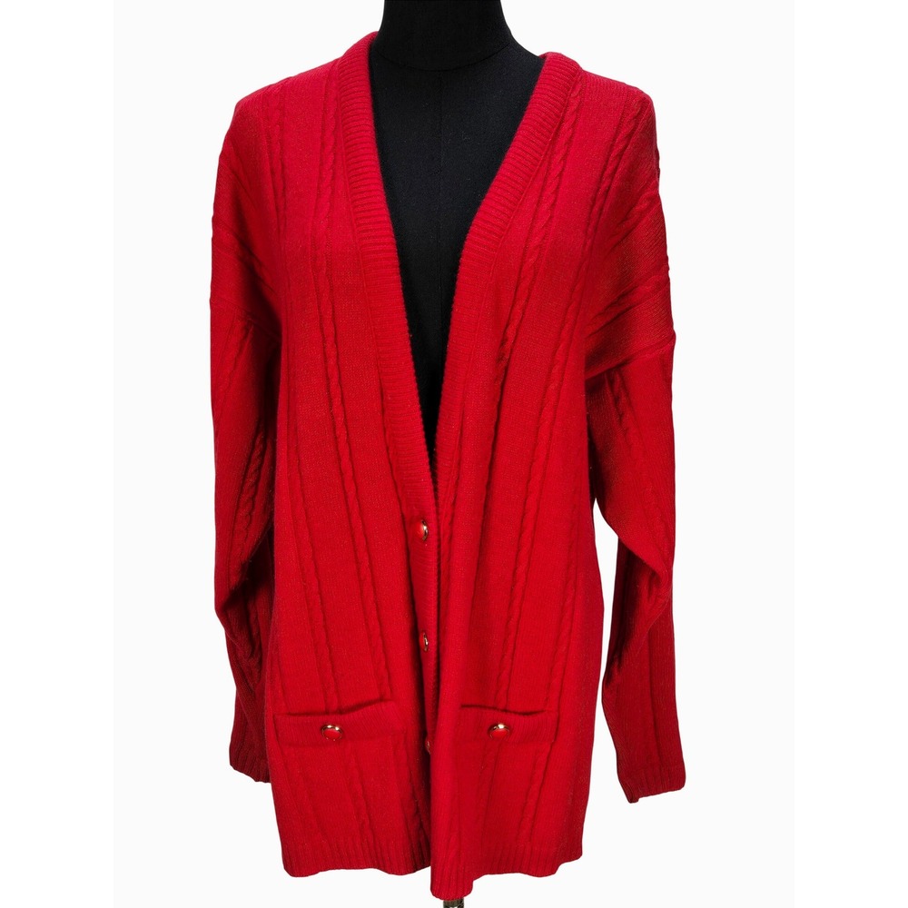 Women's VTG Pendleton XL Red Lambswool Angora Cable Knit Cardigan Sweater